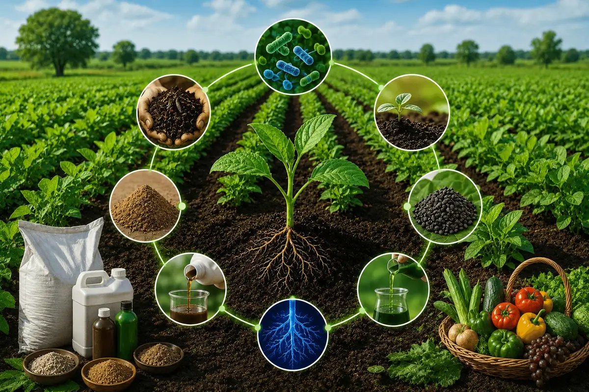Integrated organic crop nutrition program combining bio-fertilizers, soil amendments, and balanced nutrient management for higher yields.